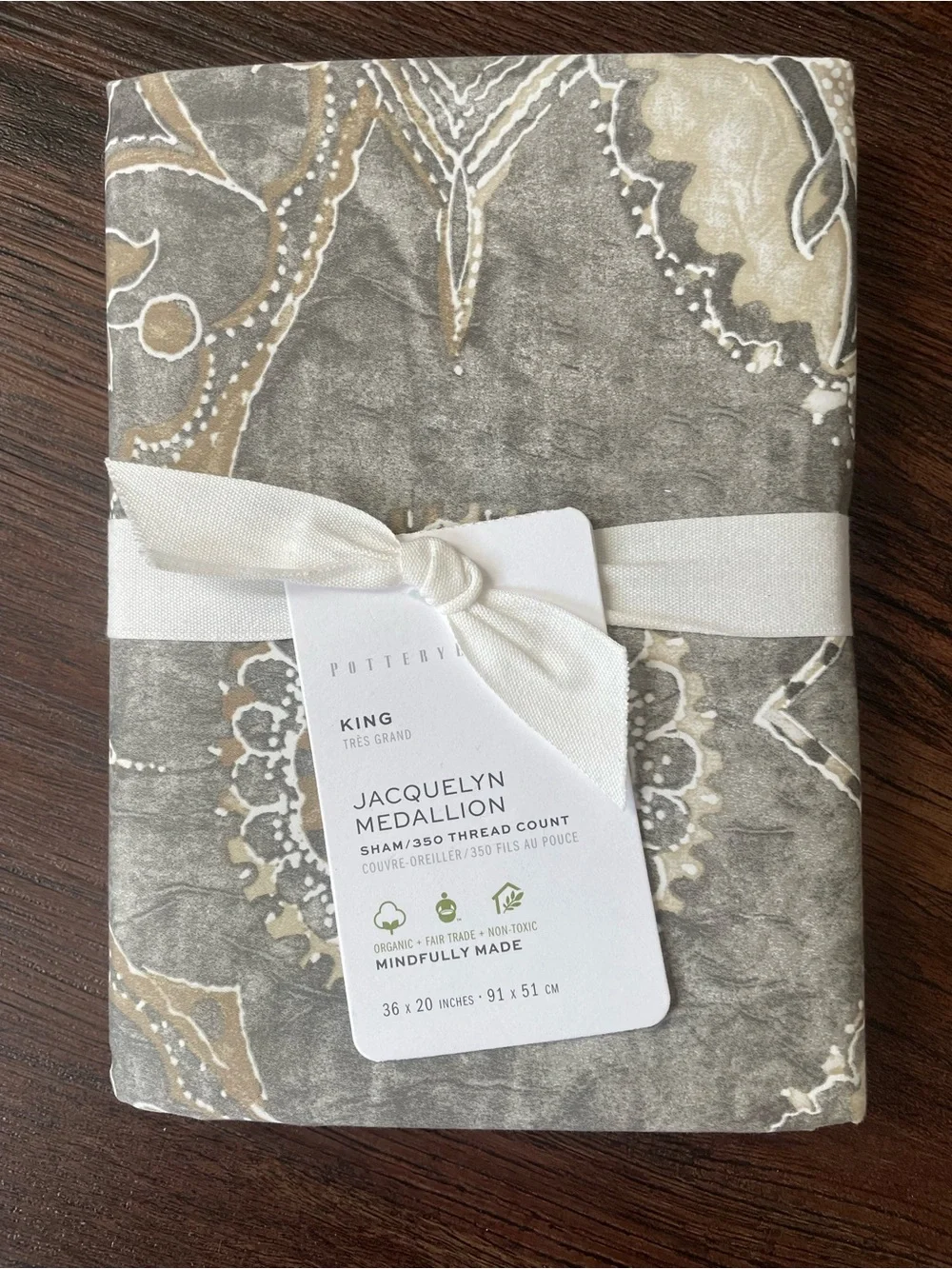 Pottery Barn Jacquelyn Madallion Sham King Gray 36x20” Organic Cotton NWT